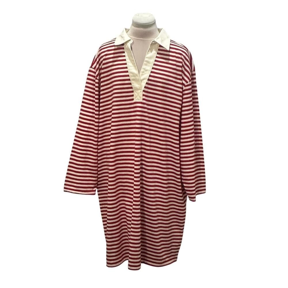 LANDS' END Polo Shirt Dress Long Sleeve Collar 2X Red White Stripe Nautical Prep